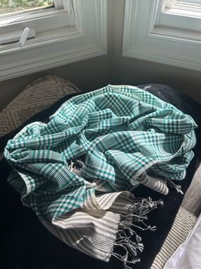 Teal and Cream Plaid Scarf Wrap